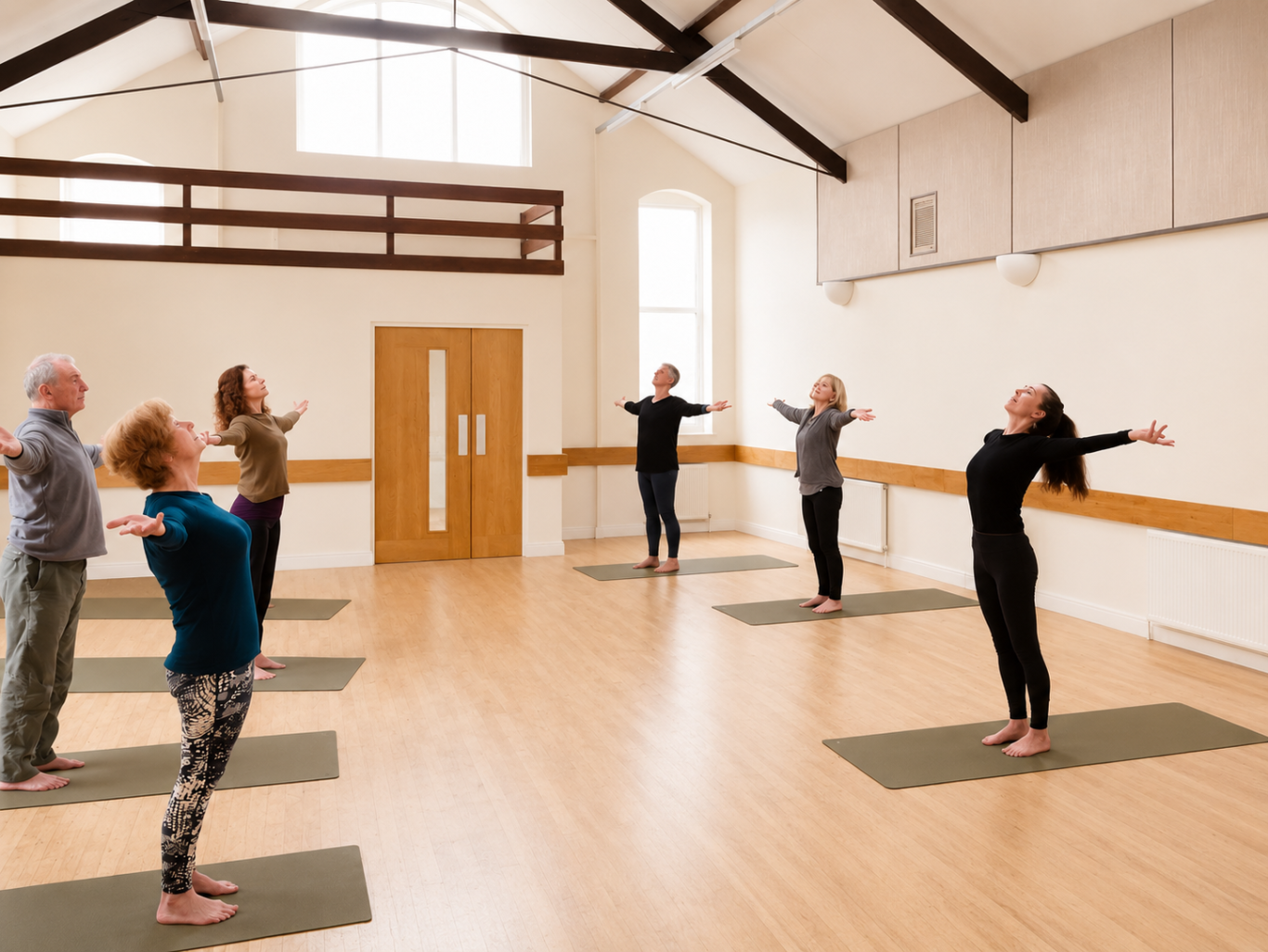 Three people practicing yoga poses on colourful mats in a bright, spacious studio.
